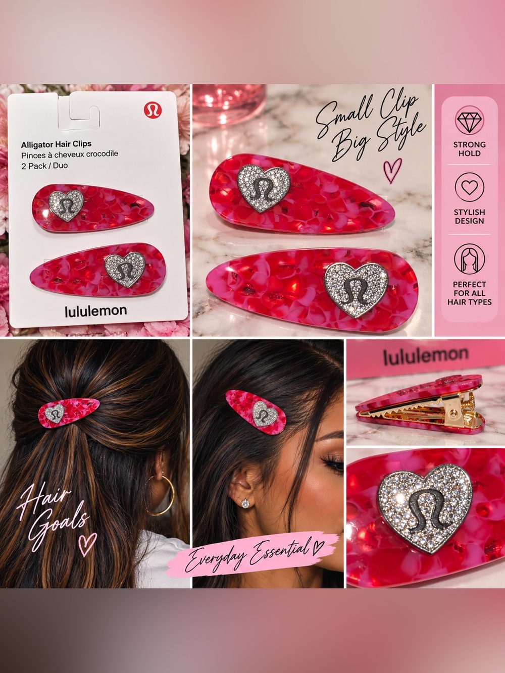 lululemon athletica Pink Sparkle Heart Alligator Hair Clips - 2 Pack
